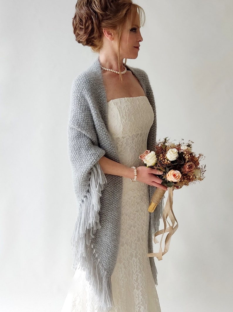 Gray winter wrap, Wedding shawl, bridal cover up, silver bridesmaid gift, fringed wool wrap, mohair evening stole, triangular shawl, warm image 5