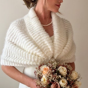 Châle de mariage, wrap nuptial ivoire, écharpe crème, étole de soirée, étole de laine tricotée, mohair, cadeau de demoiselle d'honneur, mariage automne hiver, oversize image 8