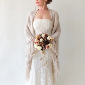 Wedding shawl, bridal cover up, beige winter wrap, bridesmaid gift, fringed wool wrap, mohair evening stole, triangular shawl, warm scarf image 5