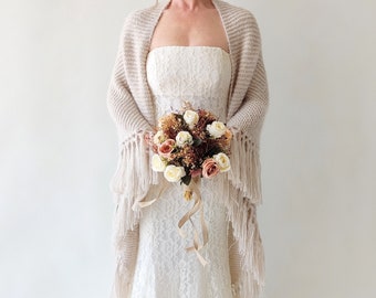 Beige Winter Wedding Shawl, Bone Bridal Wrap, Champagne  Triangular Tassel Evening Scarf Stole