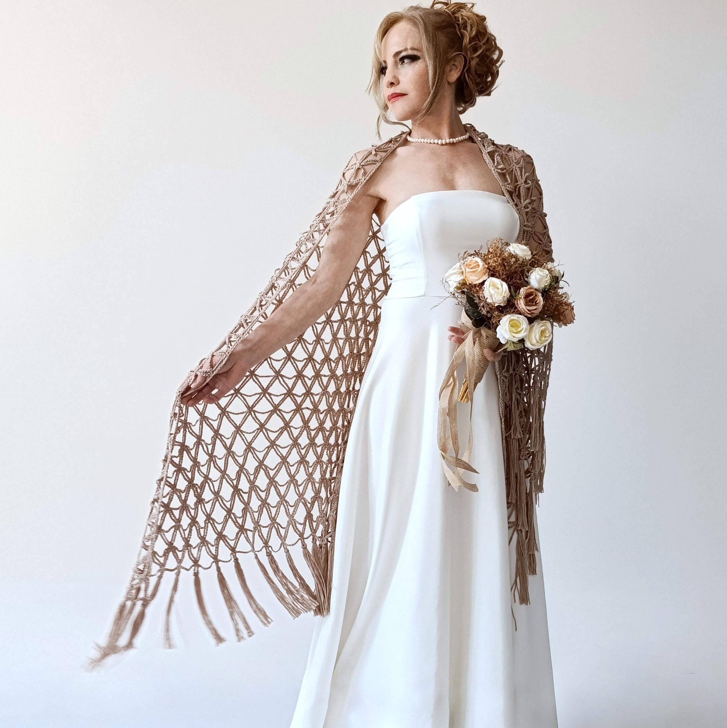 Stone Beige Wedding Mesh Shawl, Triangular Evening Scarf, Bridal Lacy Boho Fringed Wrap, Summer Coverup, Sheer Handmade crochet shawl