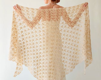 Champagne mohair shawl, beige evening stole, bridal wedding shawl, mother of the bride wrap, lacy bridesmaid gift, crochet lace scarf, shrug
