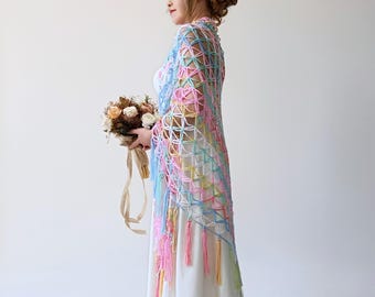 Multicolore pastel : blanc, jaune, rose, sauge, bleu, orange, corail, vieux rose, châle de mariage en résille anti-boulochage, châle de mariage en dentelle bohème à franges