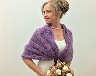 Wedding Shawl, Bridal Wrap, Purple Cape, Violet Bridesmaid Gift, Mohair Bride Bolero, Fuzzy Cover Up, Knit, Winter wedding, Fast Shipping