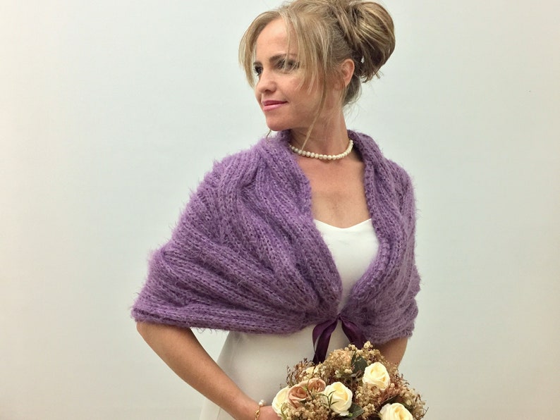 Wedding Shawl, Bridal Wrap, Purple Cape, Violet Bridesmaid Gift, Mohair Bride Bolero, Fuzzy Cover Up, Knit, Winter wedding, Fast Shipping image 1