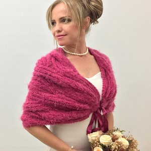 Wedding Shawl, Bridal Wrap, Evening Stole, Hot Pink Scarf, Mohair Cover up, Winter Shrug, Fuzzy Bolero, Warm winter Capelet, Bridesmaid Gift
