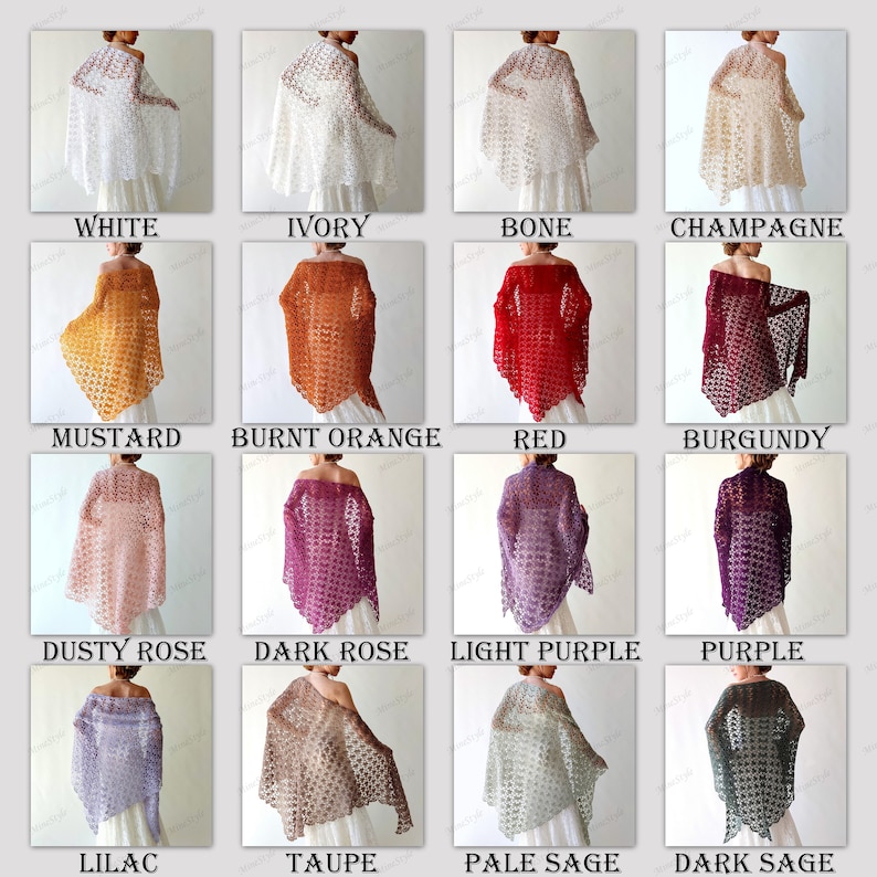 Puede incluir: Colecci&oacute;n de chales de tejido abierto en varios colores, incluyendo blanco, marfil, hueso, champ&aacute;n, mostaza, naranja quemado, rojo, burdeos, rosa empolvado, rosa oscuro, morado claro, morado, lila, topo, salvia p&aacute;lido y salvia oscuro. Cada chal se muestra.