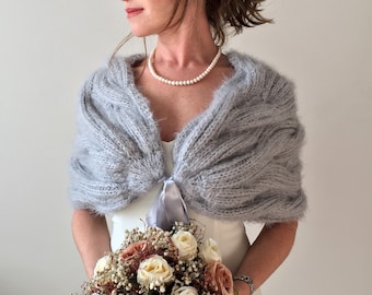 Grey Wedding shawl, gray bridal cover up, bridesmaid warm wrap, wedding gift, fuzzy mohair cape, fall winter wedding, silver evening stole