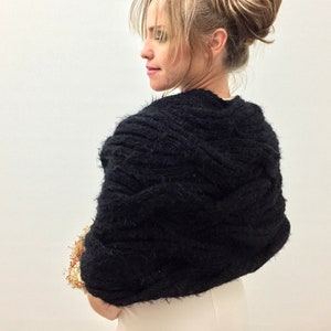 Wedding Shawl, Bridal Wrap, Black Bridesmaid Gift, Evening Stole, Knit Scarf, Mohair Cover up, Winter Shrug, Fuzzy Bolero, Fast Shipping image 4