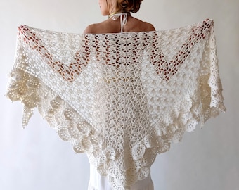 Châle de mariage ivoire, écharpe bohème en coton, écharpe de soirée à volants, dissimulation triangulaire en dentelle, châle d'été, étole de printemps, cadeau de demoiselle d'honneur, crème