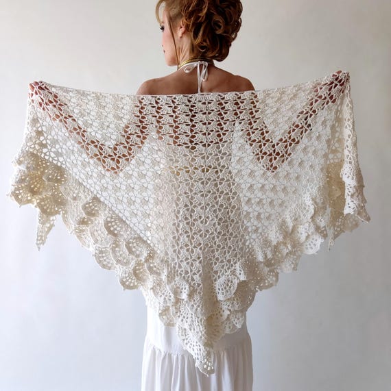 Ivory Wedding Shawl, Boho cotton scarf, Ruffled evening wrap, lacy  triangular coverup, summer shawl, spring stole, bridesmaid gift, cream