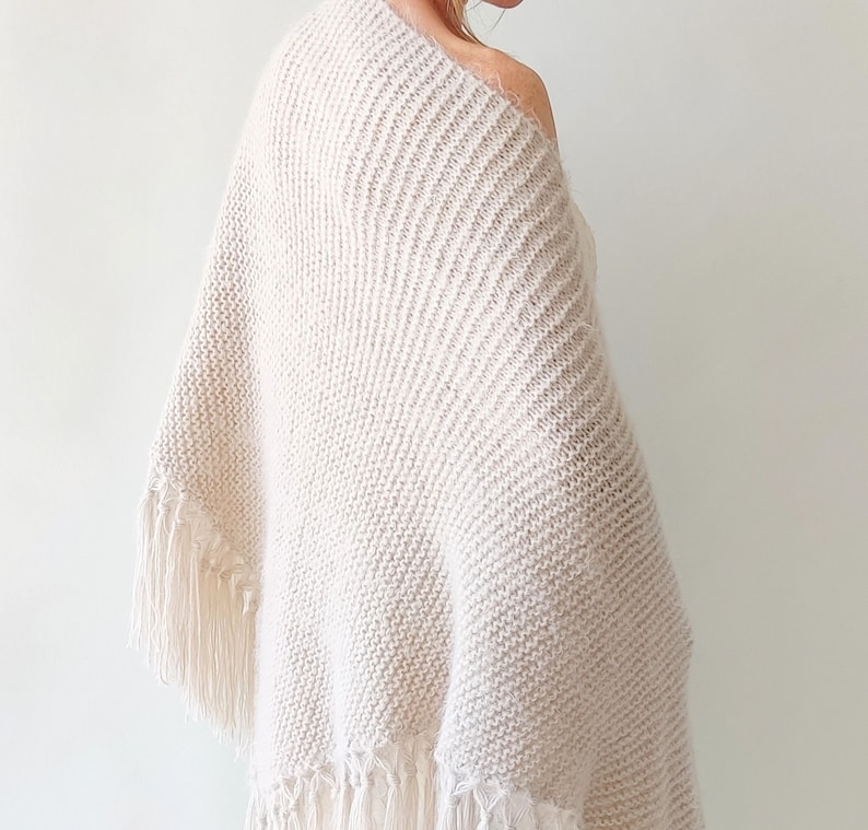 Beige wedding shawl, champagne cover up, bone winter wrap, bridesmaid gift, fringed wool wrap, mohair evening stole, triangular shawl, warm image 8