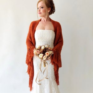 Burnt orange shawl, cinnamon wrap, rust scarf, mohair wool wrap, bridal cover up, fall winter wedding, bridesmaid gift, boho, fringed image 1