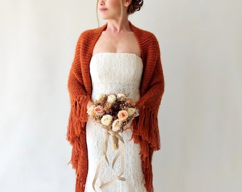 Burnt orange shawl, cinnamon wrap, rust scarf, mohair wool wrap, bridal cover up, fall winter wedding, bridesmaid gift, boho, fringed