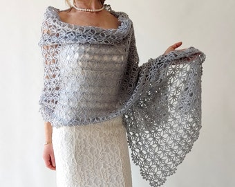 Gray evening shawl, wedding wrap, bridal cover up, lace evening shawl, mother of bride, bridesmaid gift, fall winter wedding, rectangular