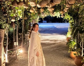Ivory Mohair Winter Wedding Shawl,  Fringed Triangular Bridal Wrap, Cream Stole, Evening Scarf