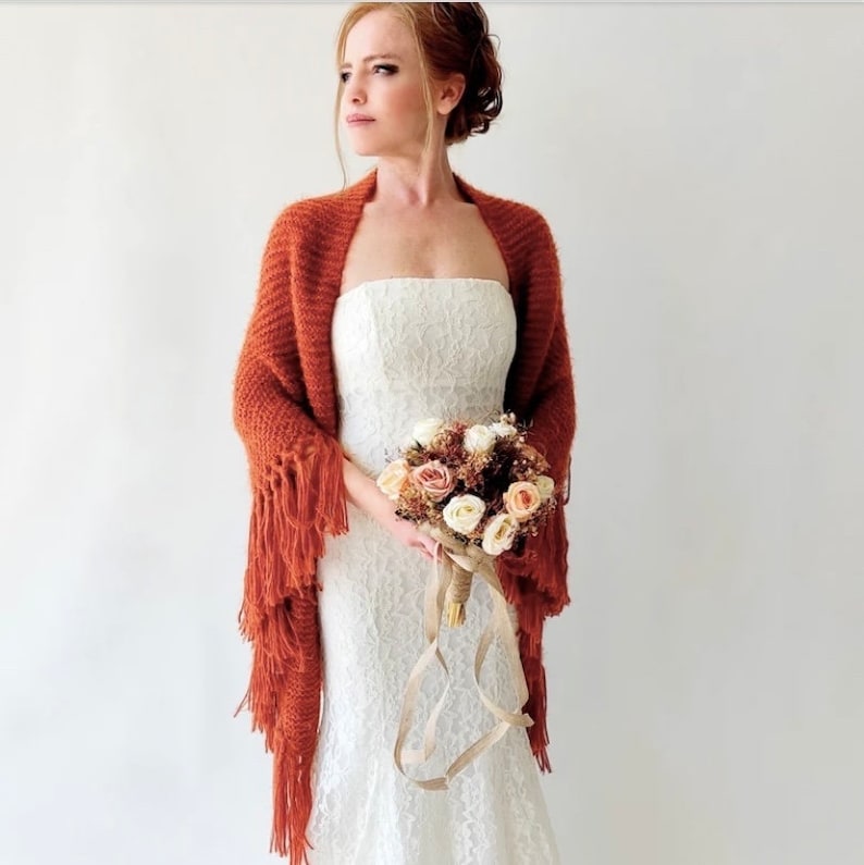 Burnt orange shawl, cinnamon wrap, rust scarf, mohair wool wrap, bridal cover up, fall winter wedding, bridesmaid gift, boho, fringed image 8