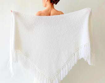 White Mohair Bridal Shawl, Fringed tringular Wedding Wrap, Winter Scarf