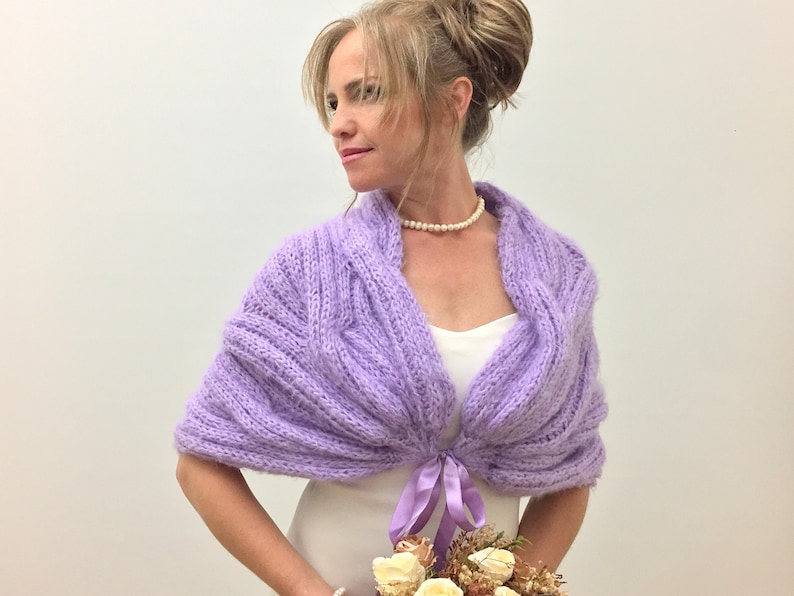 Purple wedding dress toppers - Hand Knit Lilac Mohair Wedding Shawl