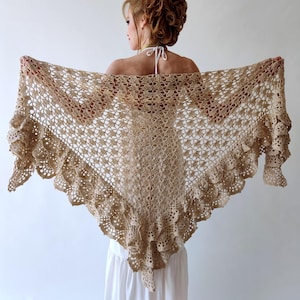 Camel beige shawl, bridal capelet, evening wrap, summer cover up, women gift, lacy scarf, gift for her, wedding outfit, boho cotton shawl