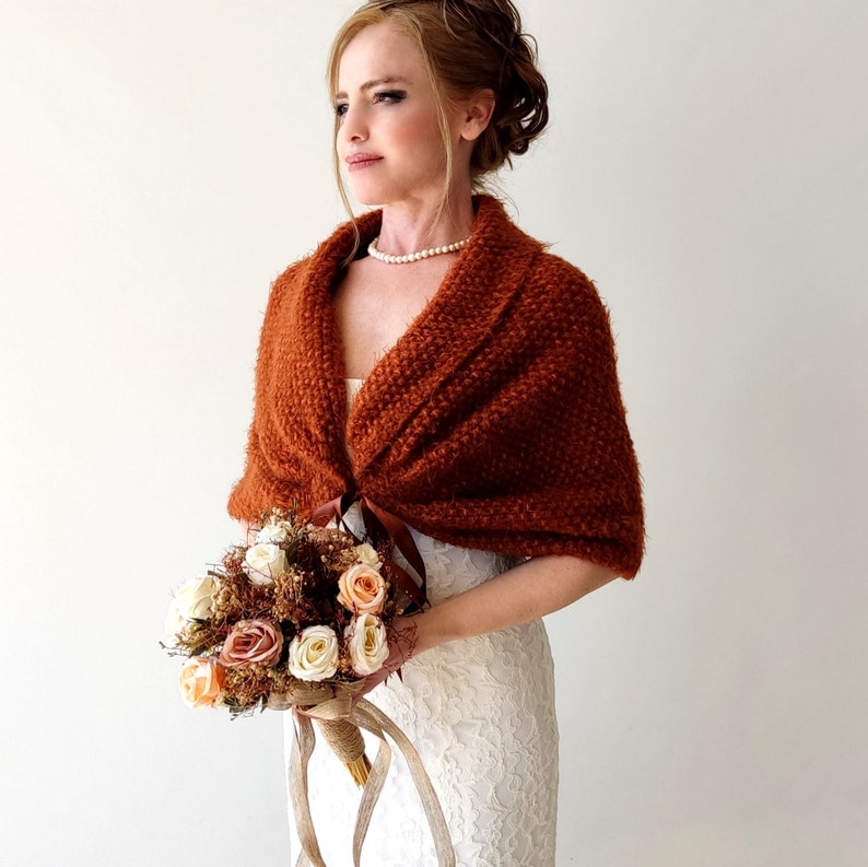 Burnt orange winter wedding shawl, cinnamon bridal cape, rust bride cover up, Rust Wedding shawl, burnt orange wrap, terracotta wedding wrap image 2