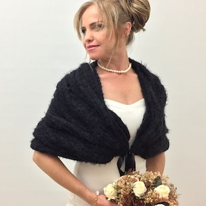 Wedding Shawl, Bridal Wrap, Black Bridesmaid Gift, Evening Stole, Knit Scarf, Mohair Cover up, Winter Shrug, Fuzzy Bolero, Fast Shipping image 1