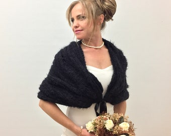 Wedding Shawl, Bridal Wrap, Black Bridesmaid Gift, Evening Stole, Knit Scarf, Mohair Cover up, Winter Shrug, Fuzzy Bolero, Fast Shipping