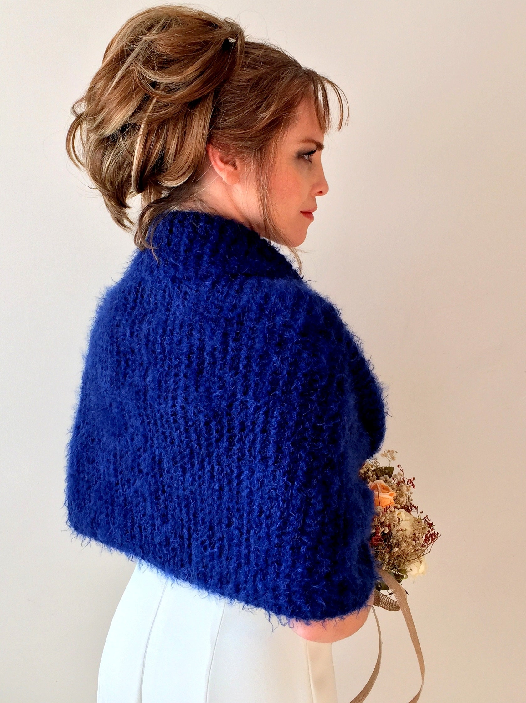 Royal blue shawl, fuzzy wrap, bridal cover up, knit wool shawl, fall winter wedding, mother of bride, bridesmaid gift, evening wrap, warm