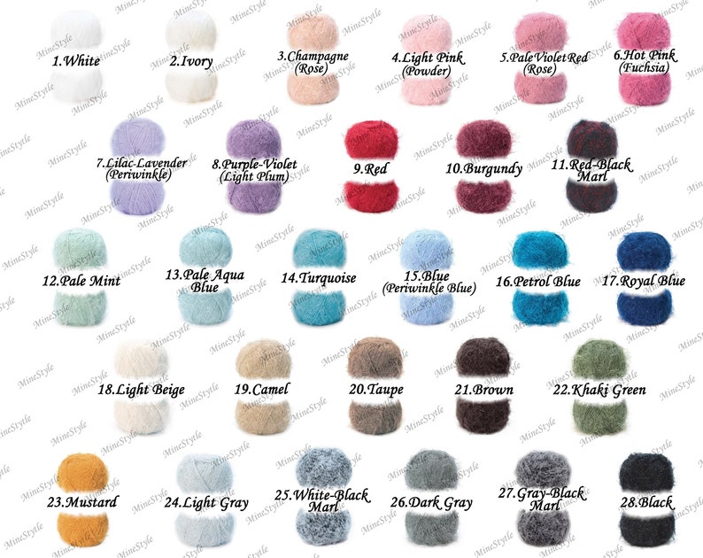 K&ouml;nnte beinhalten: Eine Sammlung von 28 Garnfarben, jede in einer Kugel dargestellt. Die Farben umfassen Wei&szlig;, Elfenbein, Champagner, Hellrosa, Hellviolettrot, Pink, Lila-Lavendel, Violett, Rot, Burgunder, Rot-Schwarz-Marmorierung, Hellmint, Hellblaugr&uuml;n, T&uuml;rkis, Blau, Petrolblau, K&ouml;nigsblau, Hellbeige, Kamel, Taupe, Braun, Khaki-Gr&uuml;n, Senf, Hellgrau, Wei&szlig;-Schwarz-Marmorierung, Dunkelgrau, Grau-Schwarz-Marmorierung und Schwarz.