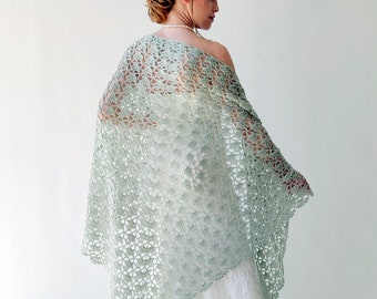 Pale sage shawl, dusty green wrap, light sage scarf, bridal cover up, fall winter wedding, lace evening shawl, mother of bride, gift for her