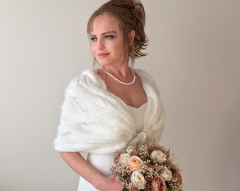 Chal de boda de marfil, chal de otoño invierno, bolero de novia, regalo de dama de honor, chales y abrigos, cubierta de novia, estola de mohair, encogimiento de hombros de lana caliente