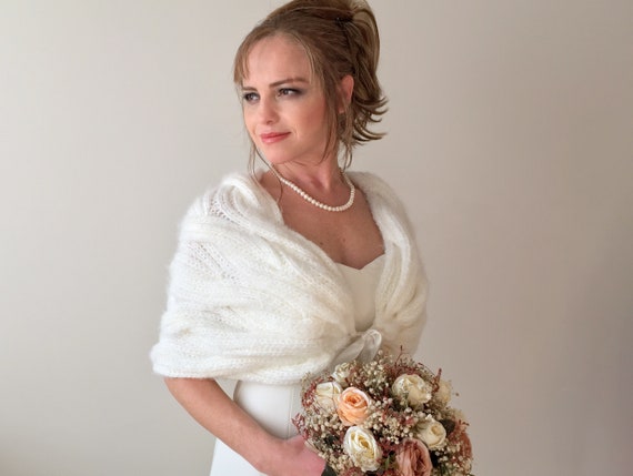 Châle De Mariage Hiver En Peluche - Dentelle Florale Blanche Avec Strass - Taille Unique - Pour Robe De Mariée, Soirée, Bal