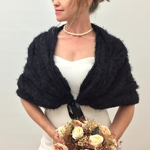 Wedding Shawl, Bridal Wrap, Black Bridesmaid Gift, Evening Stole, Knit Scarf, Mohair Cover up, Winter Shrug, Fuzzy Bolero, Fast Shipping image 6