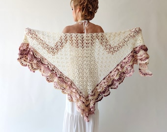 Cream cotton shawl, ivory evening scarf, brown boho wrap, bridal wedding shawl, gift for her, multicolor scarf, crochet lace cover up