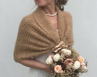 Camel beige shawl, caramel wrap, mohair wool stole, bridal cover up, fall winter wedding, bridesmaid gift, knit wool shawl, winter wedding