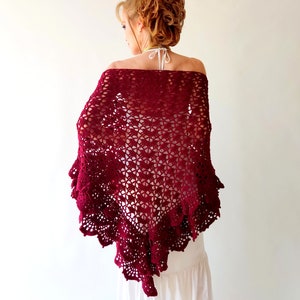 Burgundy cotton shawl, maroon evening wrap, wine ruffle boho scarf, summer cover up, bridal wedding shawl, lace, triangular, gift for her