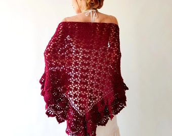 Burgundy cotton shawl, maroon evening wrap, wine ruffle boho scarf, summer cover up, bridal wedding shawl, lace, triangular, gift for her