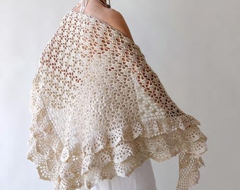 Bone cotton shawl, cream evening scarf, bridal wedding wrap, gift for her, ruffled summer shawl, crochet triangular cover up, handmade wrap