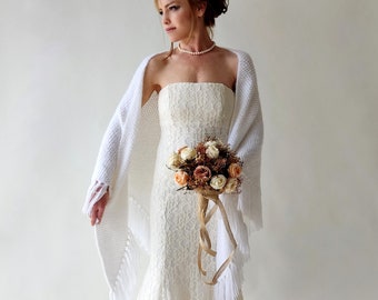 Winter Wedding Shawl, White knit wrap, bridal cover up, wool shawl, fall winter wedding, bridesmaid gift, warm, fringed, mohair, gift, fuzzy