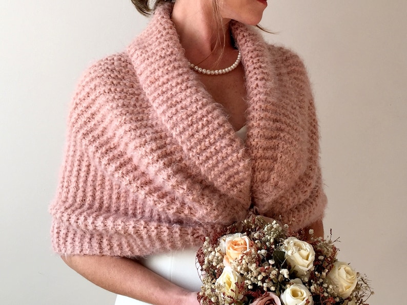 Bridal rose wrap, dusy pink shawl, blush cover up, shawl and wraps, bridesmaid shrug romantic wedding, fall winter, handmade knit shawl image 3