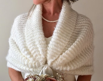 Hand-Knitted Mohair Wedding Shawl, Ivory Bridal Wrap
