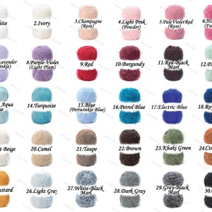 May include: A collection of thirty balls of fuzzy yarn arranged in a grid, each labeled with a number and color name including white, ivory, champagne, pink, red, burgundy, blue, green, brown, gray, and black, showcasing various solid and marl textures.