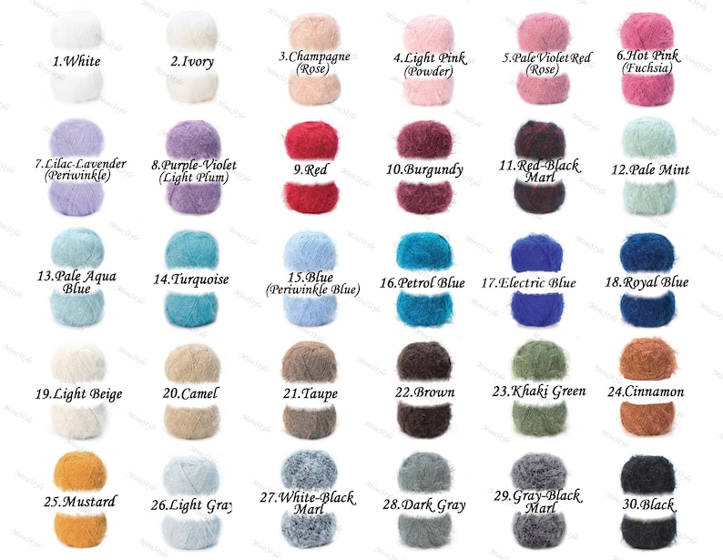 May include: A collection of thirty balls of fuzzy yarn arranged in a grid, each labeled with a number and color name including white, ivory, champagne, pink, red, burgundy, blue, green, brown, gray, and black, showcasing various solid and marl textures.