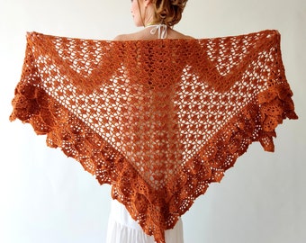 Burnt orange shawl, cinnamon wrap, rust capelet, cotton bridal cover up, spring wedding, bridesmaid gift, boho, ruffle lace, triangular