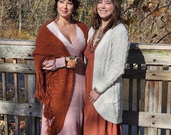 Handmade Mohair Blend Shawl: Burnt Orange Boho Fringe Wrap