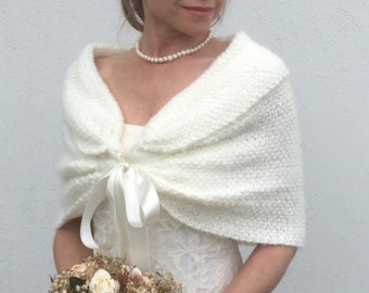 Handmade Ivory Mohair Wedding Shawl, Bridal Cover Up