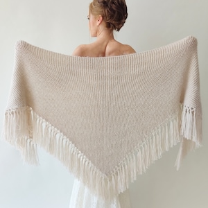 Beige wedding shawl, champagne cover up, bone winter wrap, bridesmaid gift, fringed wool wrap, mohair evening stole, triangular shawl, warm image 1