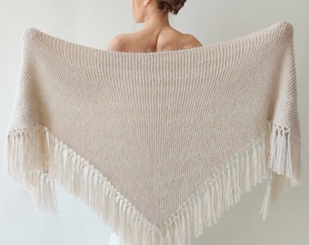 Beige wedding shawl, champagne cover up, bone winter wrap, bridesmaid gift, fringed wool wrap, mohair evening stole, triangular shawl, warm