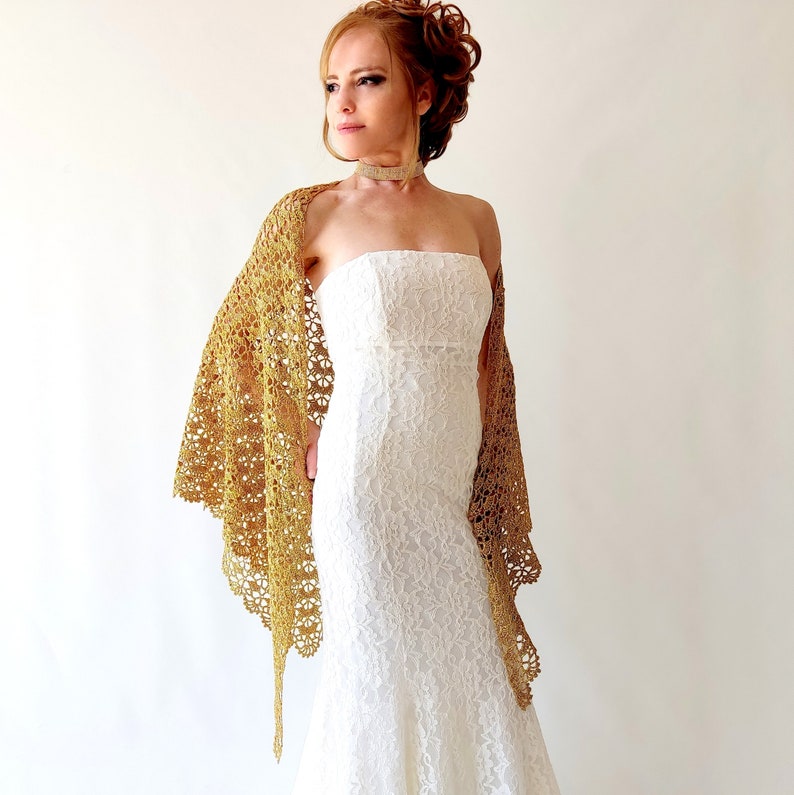 Gold glitter shawl, sparkly evening wrap, shiny cover up, bridal wedding shawl, mother of bride, gift for her, lacy triangular scarf image 9