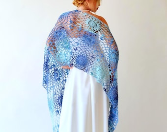 Handmade Blue Crochet Cotton Shawl, Fringed Wedding Wrap